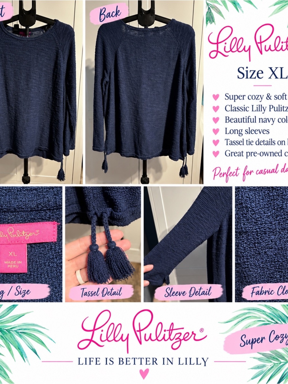 Lilly Pulitzer Navy Blue Long Sleeve Tassel Hem Sweater - XL